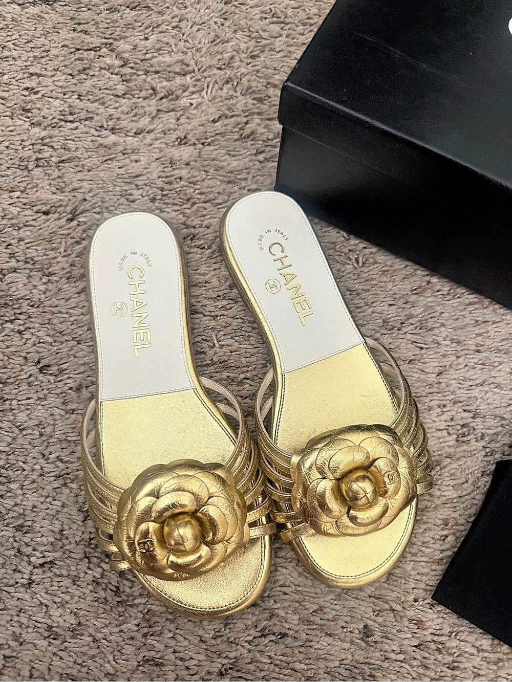 Chanel Gold Leather Camellia Slide Sandals - Picture 2 of 5